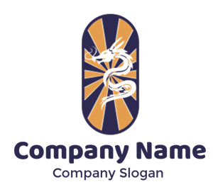 An abstract dragon emblem with a sunburst design in orange and navy colors.