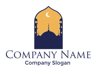 Silhouette of an Islamic mosque with minarets and a crescent moon in the background.
