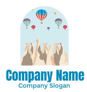 Colorful hot air balloons flying above unique rock formations against a light blue sky.