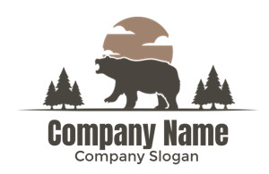 Silhouette of a roaring bear with pine trees and a sunset in the background.