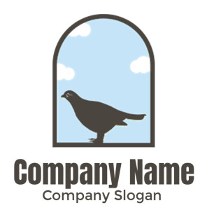 Silhouette of a bird framed by an arched window with a blue sky and clouds.