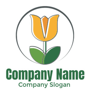 Illustration of an abstract yellow tulip with green leaves inside a circle.