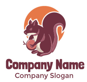 Illustration of a cartoon squirrel holding an acorn with an orange circle background.
