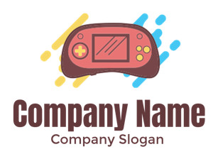 Cartoon illustration of a handheld gaming console with a colorful background.