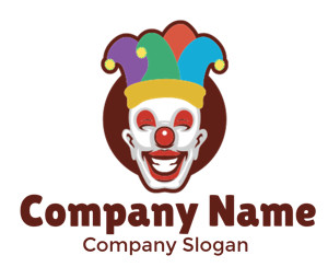 Illustration of a colorful jester clown face with a multicolored hat and a big smile.