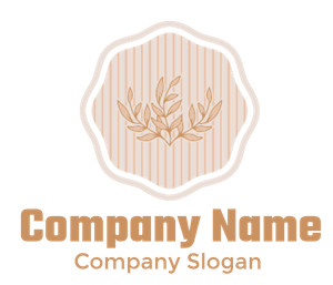 Vintage floral emblem with leaves on a beige striped background.