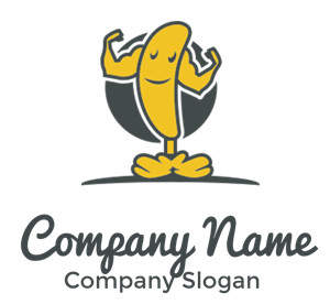 Cartoon banana character flexing its muscles, resembling a strong and cheerful mascot.