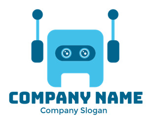 Blue cartoon robot icon with antenna and large eyes