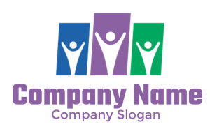 Abstract human figures in blue, purple, and green blocks.