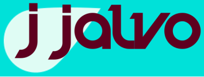 Jalvo logo featuring stylized maroon text on a teal background with a light abstract shape.