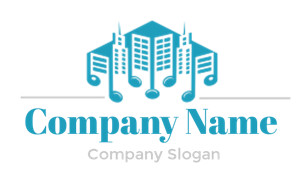 Blue music-themed company logo with buildings and notes