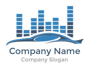 Logo featuring a car silhouette with blue soundwave bars above and placeholder text 'Company Name' and 'Company Slogan'.