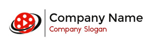 Abstract company logo featuring a red disc with a play icon and company name and slogan.