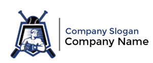 Baseball themed company logo with bats and player illustration.