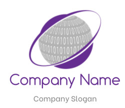 Grey globe with binary code, encircled by a purple orbit symbolizing digital connectivity.