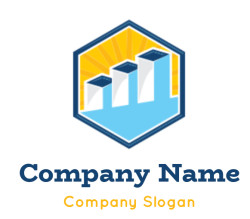 Logo featuring a rising bar graph with a sunburst background inside a hexagon.