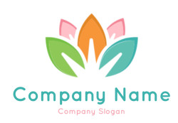 An abstract, colorful icon of a lotus flower with green, orange, pink, and teal petals.