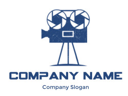 Illustration of a vintage cinema camera icon with film reels and tripod in blue silhouette.