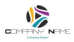 Abstract globe logo with yellow, purple, and blue stripes on a black background.