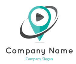 Teal and gray icon featuring a play button within a location pin design.