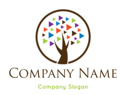 Logo with a tree made of colorful triangles inside a circle.
