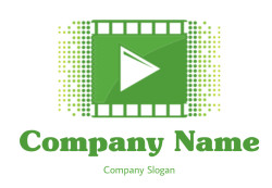 Green digital icon featuring a play button with a pixelated design.