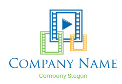 Colorful video player icons featuring film strips and a play button in blue, green, and orange.