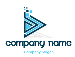 Abstract geometric design with layered blue triangles and small squares.