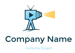 Retro movie camera icon with a play button and yellow light beam.