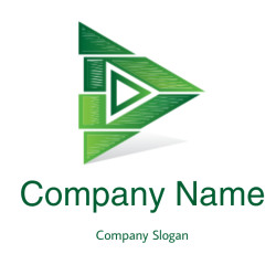 Green geometric arrow logo with triangular patterns.