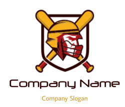 sports logo baseball player cross bats in shield