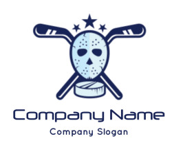 Emblem featuring a hockey mask with crossed sticks and stars above.