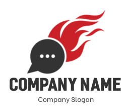 Black chat bubble icon with red flames, symbolizing fast communication.