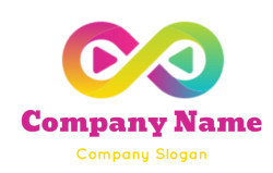 A colorful infinity loop with play symbols, featuring a gradient from pink to green.