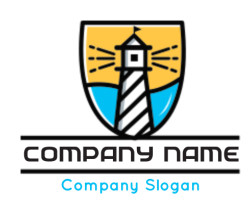 Shield emblem featuring a stylized lighthouse with rays on a yellow and blue background.