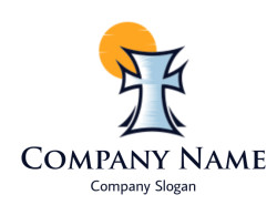 A stylized pale blue cross with a sun behind it, in an abstract design.