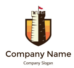 Stylized logo of a castle tower with a red flag on a shield.