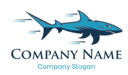 Stylized blue shark swimming illustration with dynamic lines.