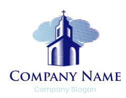 Silhouette of a church with a cross on top against a blue cloud background.