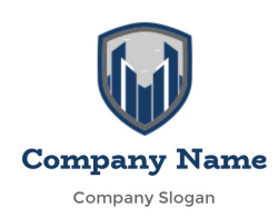 Stylized shield logo featuring vertical bars in blue and gray.