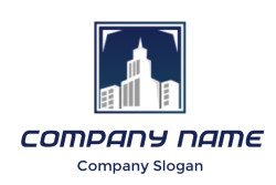 Icon depicting a modern city skyline with skyscrapers against a dark blue background.