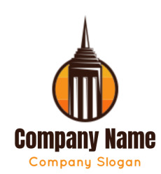 Silhouette of an iconic skyscraper with a spire against an orange circle background.