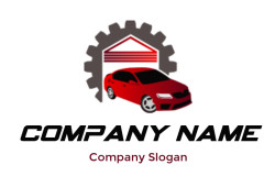 Illustration of a red car in front of a garage with a gear symbol.