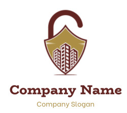 Logo featuring a shield with buildings and a padlock design.