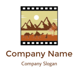 travel logo desert mountains camels in film reel