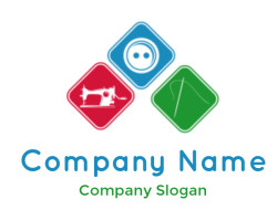 Colorful geometric icons featuring a sewing machine, button, and green shape.