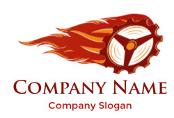 A stylized flaming gear logo with a fiery trail.