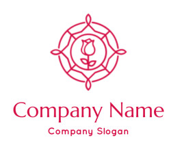 Red geometric icon featuring a stylized rose within a circular pattern.