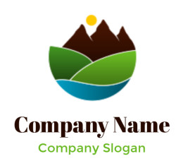 Abstract logo design featuring mountains, a sun, green hills, and a river.