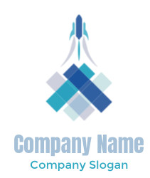 Minimalist geometric illustration of a rocket launch with blue tones.